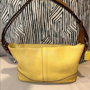 Coach Y2K Yellow Pebbled Leather Shoulder Bag with Brown Strap
